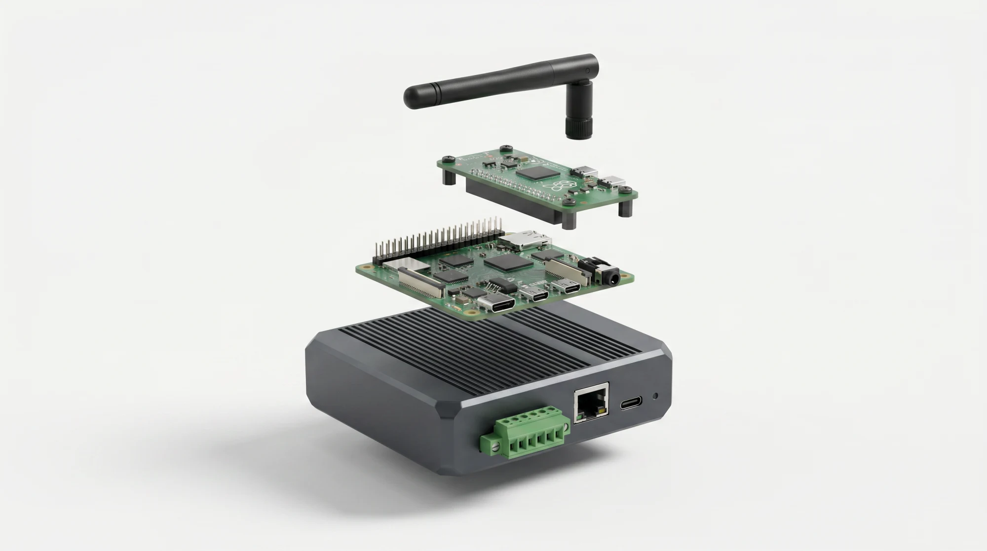 Despiece del gateway AIoT: antena, HAT de radio, placa ESP32-P4 y chasis con buses industriales