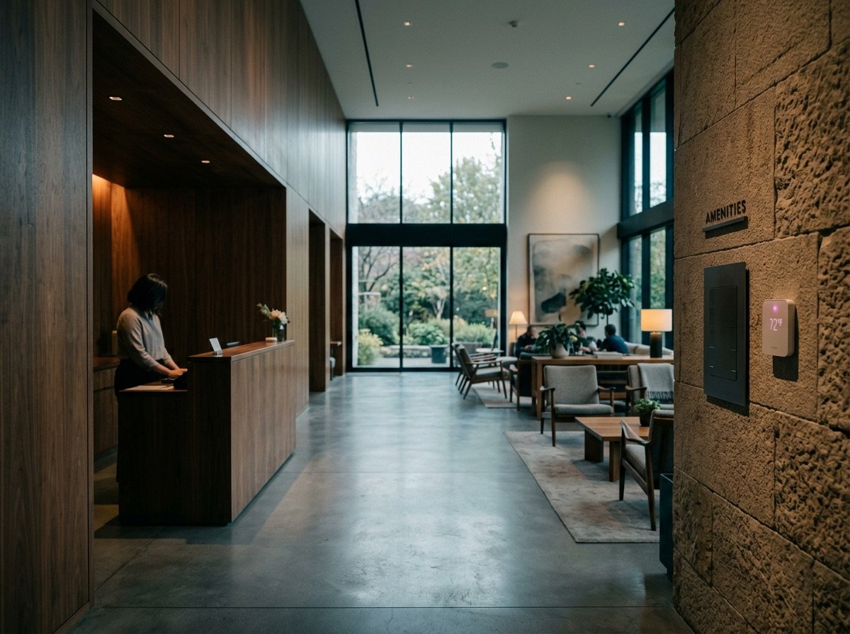 Lobby de hotel con hospitalidad inteligente