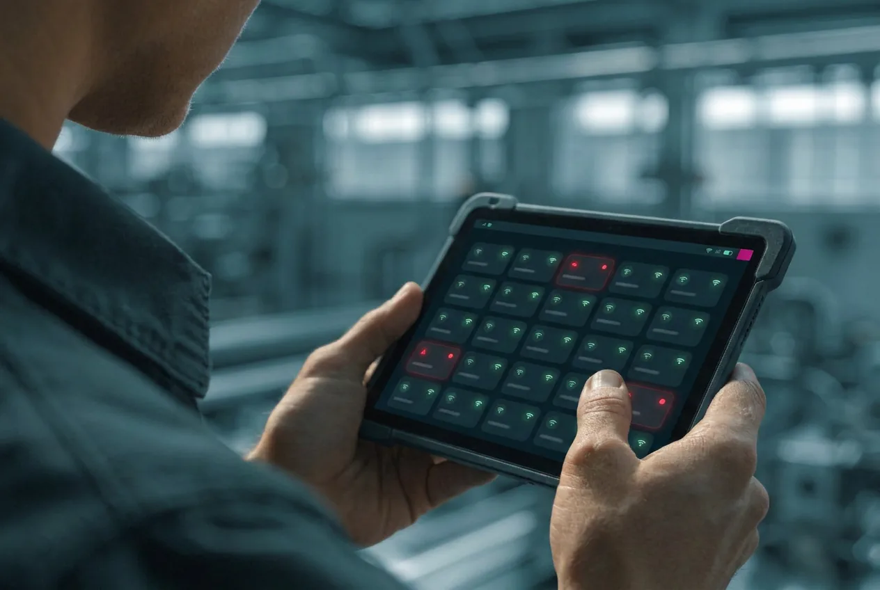 Operario en planta usando un cuadro de mando limpio en una tablet rugerizada